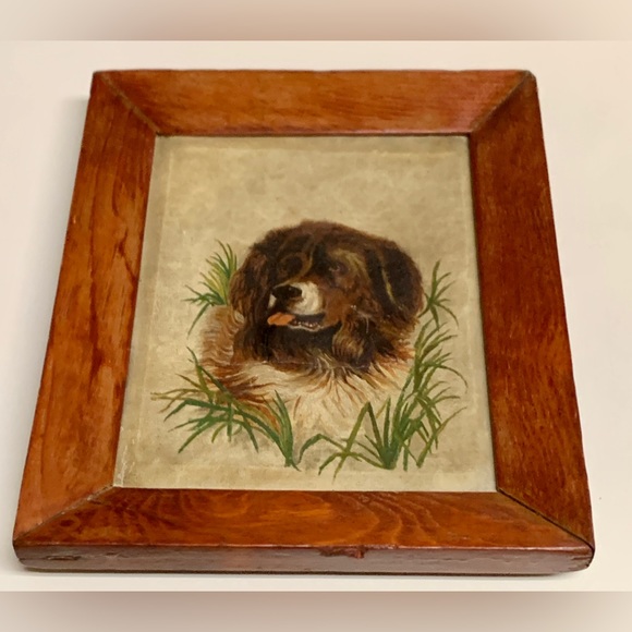 Antique Rustic Wooden Framed Oil on Canvas Portrait of Dog - Picture 4 of 11